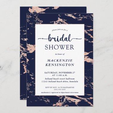 Chic Navy Blue Rose Gold Marble Bridal Shower Invitations