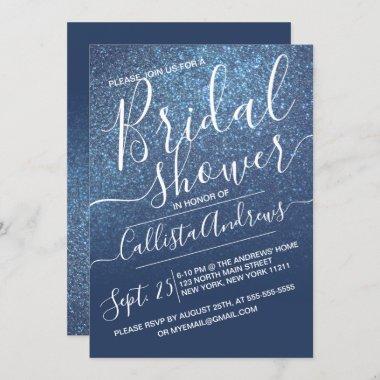 Chic Navy Blue Sparkly Glitter Ombre Bridal Shower Invitations