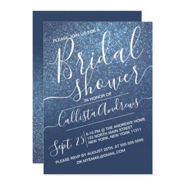 Chic Navy Blue Sparkly Glitter Ombre Bridal Shower Invitations