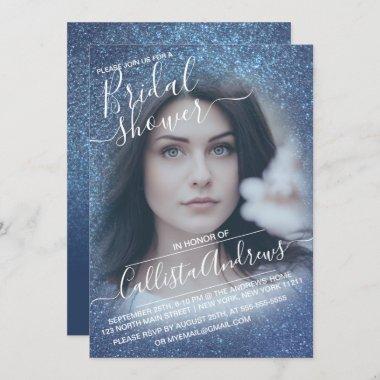 Chic Navy Blue Sparkly Glitter Photo Bridal Shower Invitations