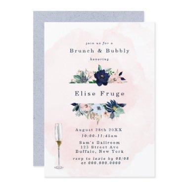 Chic Navy Blush Pink Florals Brunch & Bubbly Invit