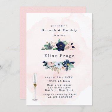 Chic Navy Blush Pink Florals Brunch & Bubbly Invitations