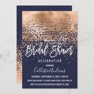 Chic Navy Gold Foil Confetti Ombre Bridal Shower Invitations