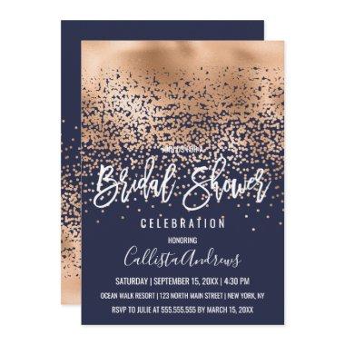 Chic Navy Gold Foil Confetti Ombre Bridal Shower Invitations