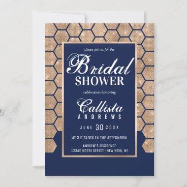 Chic Navy Gold Glitter Hexagon Geo Bridal Shower Invitations
