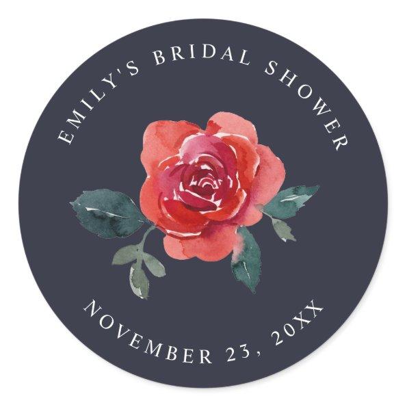 CHIC NAVY RED GREEN ROSE FLORAL BRIDAL SHOWER CLASSIC ROUND STICKER