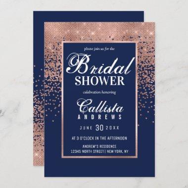 Chic Navy Rose Gold Glitter Confetti Bridal Shower Invitations