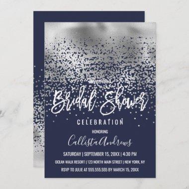 Chic Navy Silver Foil Confetti Ombre Bridal Shower Invitations
