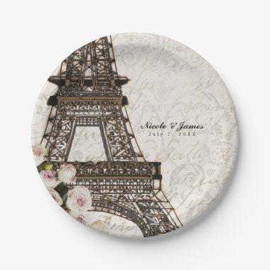 Chic Paris Eiffel Tower & Roses Elegant Party Paper Plates