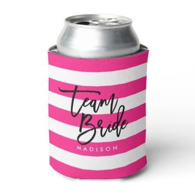 Chic Pink and White Stripes Black Team Bride Can Cooler