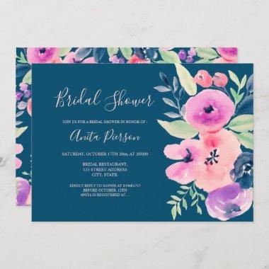 Chic pink blue watercolor floral bridal shower Invitations