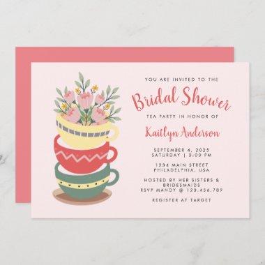 Chic Pink Floral Bridal Shower Tea Party Invitations