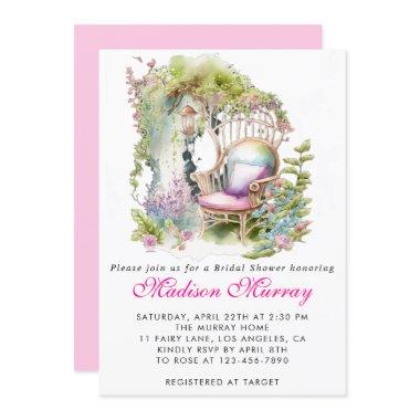 Chic Pink Floral Flower Garden Chair Bridal Shower Invitations