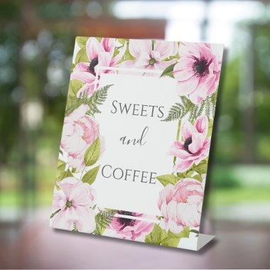 Chic Pink Floral Framed Sweets and Coffee Pedestal Sign