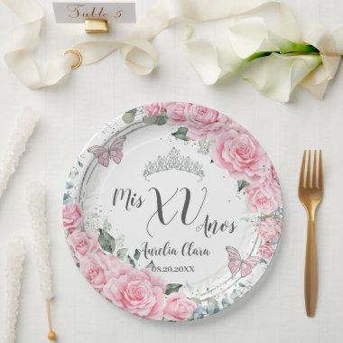 Chic Pink Floral Silver Butterflies Quinceañera XV Paper Plates