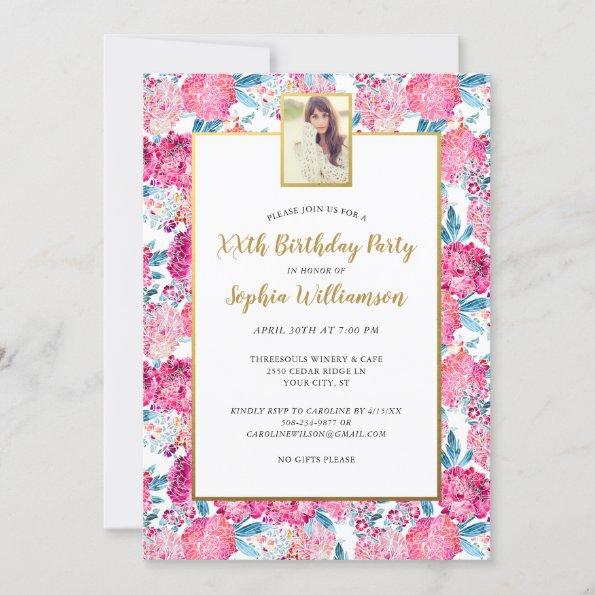 Chic Pink Flowers Any Age Add Photo Birthday Party Invitations