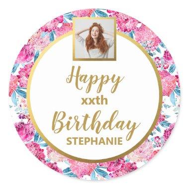 Chic Pink Flowers, Custom Photo, Happy Birthday Classic Round Sticker