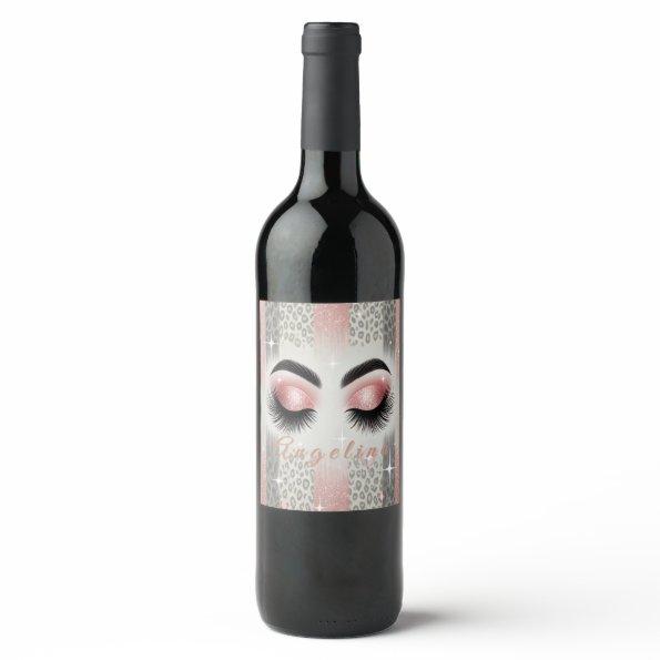 Chic Pink Glitter Eyelashes Leopard Wine Label