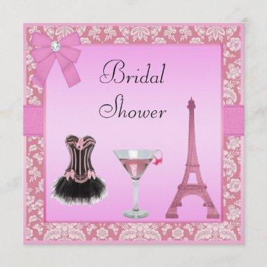 Chic Pink Paris Damask Corset Bridal Shower Invitations