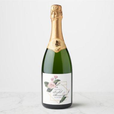 Chic Pink Rose Floral Gold Frame Bridal Shower Cha Sparkling Wine Label