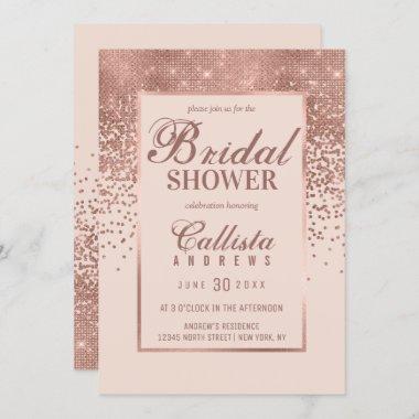 Chic Pink Rose Gold Glitter Confetti Bridal Shower Invitations