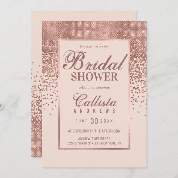 Chic Pink Rose Gold Glitter Confetti Bridal Shower Invitations