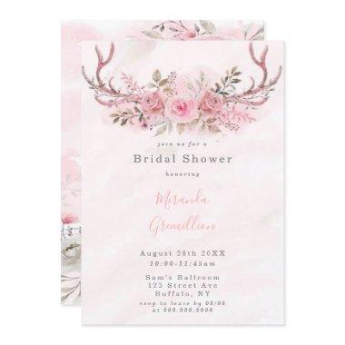 Chic Pink Sage Peony Deer Antlers Bridal Shower Invitations