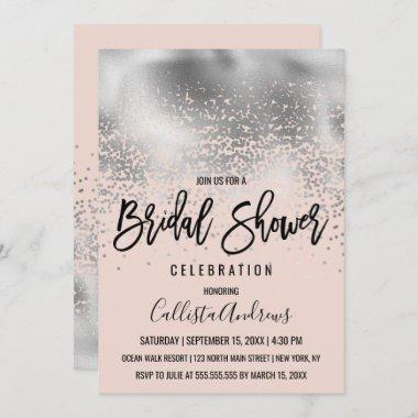 Chic Pink Silver Foil Confetti Ombre Bridal Shower Invitations