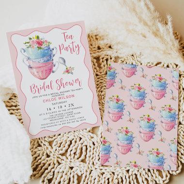 Chic Pink Wave Floral Bridal Shower Tea Party Invitations