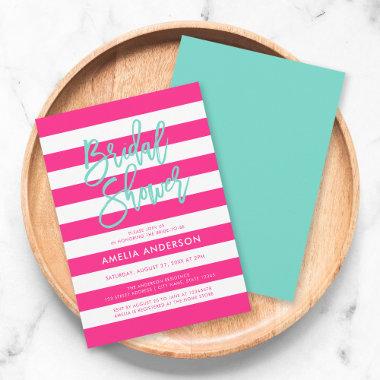 Chic Pink & White Stripes Turquoise Bridal Shower Invitations