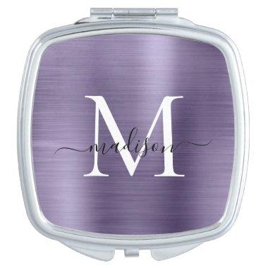 Chic Purple Brushed Metal Monogram Girly Script Compact Mirror