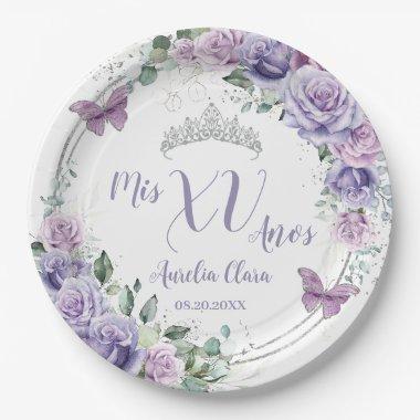 Chic Purple Lilac Floral Butterflies Quinceañera Paper Plates