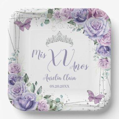 Chic Purple Lilac Floral Butterflies Quinceañera Paper Plates