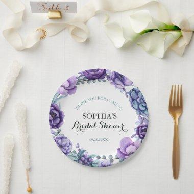 Chic Purple Watercolor Floral Bridal Shower Paper Plates