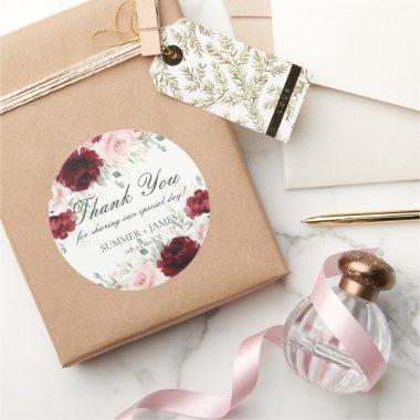 Chic Red Burgundy Blush Pink Roses Floral Wedding Classic Round Sticker