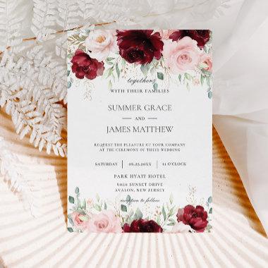 Chic Red Burgundy Blush Pink Roses Floral Wedding Invitations