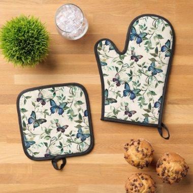 Chic Romantic Blue Butterflies  Oven Mitt & Pot Holder Set