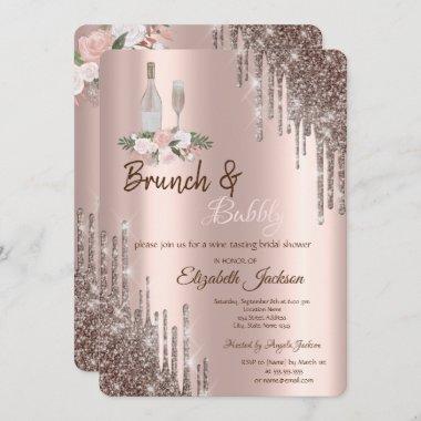 Chic Rose Gold Drips Brunch & Bubbly Bridal Shower Invitations