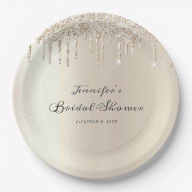 Chic Rose Gold Glitter Drips Script Bridal Shower Paper Plates