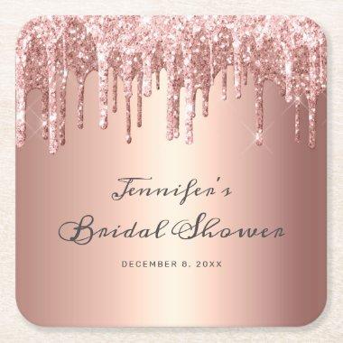 Chic Rose Gold Glitter Drips Script  Square Paper Coaster