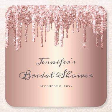 Chic Rose Gold Glitter Drips Script Bridal Shower Square Paper Coaster