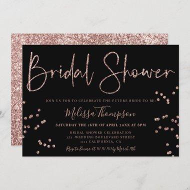 Chic rose gold glitter script black bridal shower Invitations