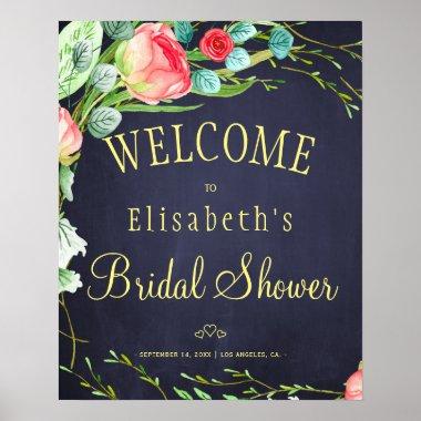 Chic roses red navy bridal shower welcome sign