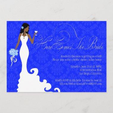 Chic Royal Blue Silver Damask Here Comes the Bride Invitations