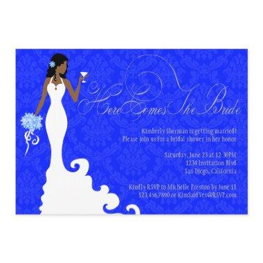 Chic Royal Blue Silver Damask Here Comes the Bride Invitations