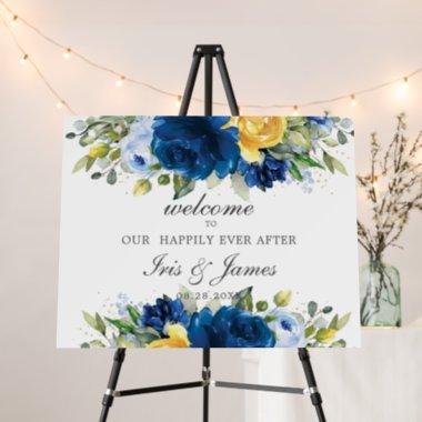 Chic Royal Blue Yellow Floral Wedding Welcome Foam Board