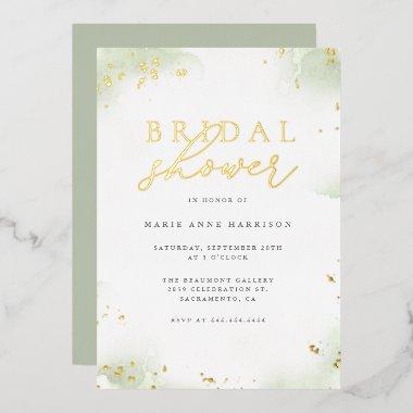 Chic Sage Green Gold Dust Bridal Shower Foil Invitations