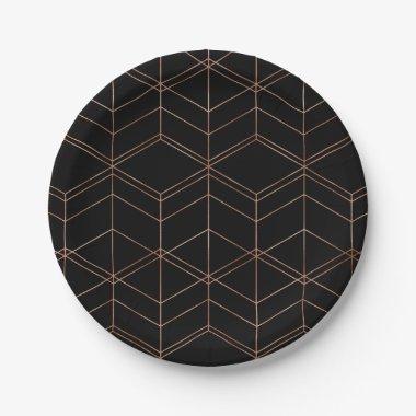 Chic Script Black & Copper Geometric Pattern Paper Plates
