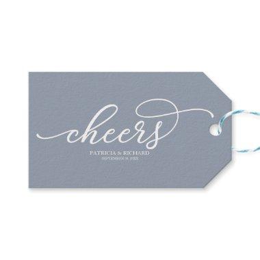 Chic Script Cheers Dusty Blue Wine Bottle Tags