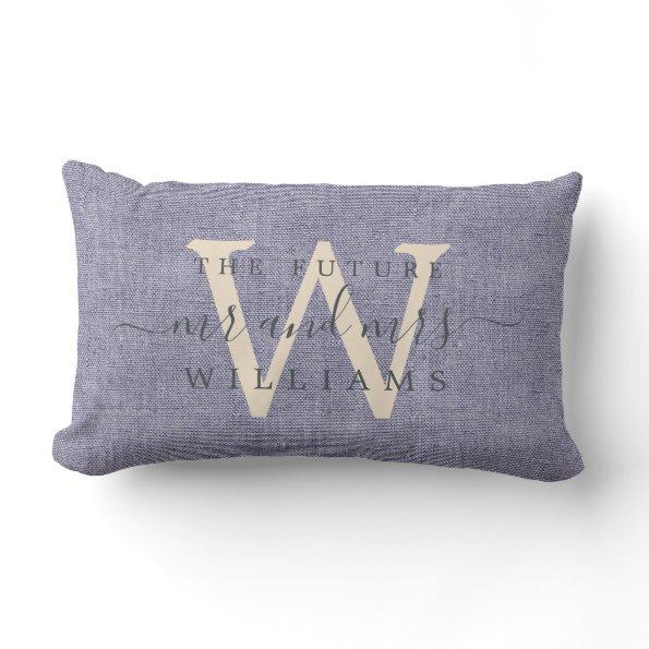 Chic Script Future Mr Mrs Monogram Blue Linen Lumbar Pillow